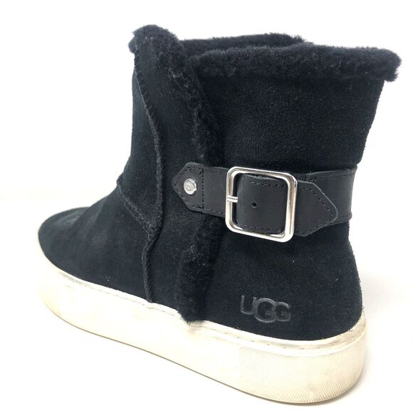 UGG Aika Ankle Boot Womens Sz 10 Buckle Black Suede Pure Sheep Wool Lining Cozy - Picture 12 of 16